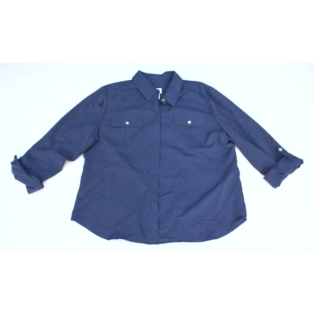 Chicos Womens 2 Navy Roll Tab Sleeve Button Up Shirt Chest Pockets Shirttail Hem
